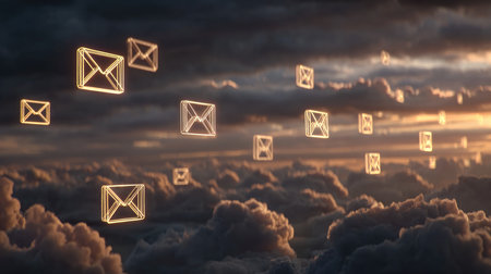 Ethereal scene featuring glowing email icons floating above clouds during a dramatic sunset. Perfect for concepts of communication and connectivity.の素材