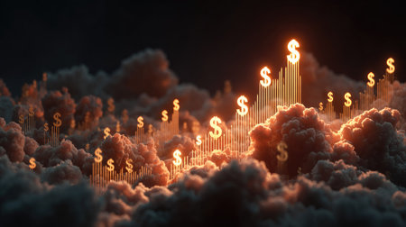 This stunning illustration features glowing dollar signs rising above dark clouds, symbolizing financial growth and opportunity in a dynamic business environment.の素材