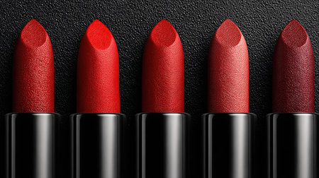 This stunning image showcases a range of red lipsticks in different shades, elegantly arranged on a textured black surface, perfect for beauty and fashion.の素材