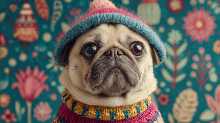 This delightful image features an adorable pug dressed in a colorful knitted hat and sweater, set against a vivid floral backdrop. Perfect for pet lovers!の素材