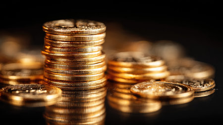 A visually striking arrangement of shiny gold coins stacked high, reflecting on a dark surface. The image symbolizes wealth and financial prosperity, perfect for investment and money-related themes.の素材