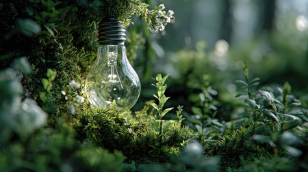 A captivating light bulb glows softly amidst vibrant green plants and delicate moss, showcasing the harmony of nature and innovation in a serene forest setting.の素材