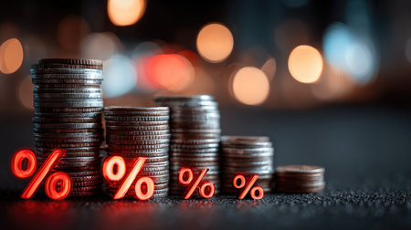 Close-up view of stacked coins beside glowing percentage symbols, illustrating concepts of financial growth and investment trends in a vibrant urban setting.の素材