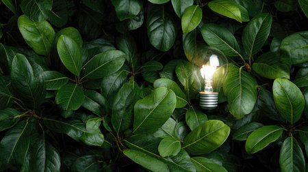 A captivating light bulb gently emerges from vibrant green leaves, illustrating the harmonious blend of innovation and nature, perfect for eco-themed projects.の素材