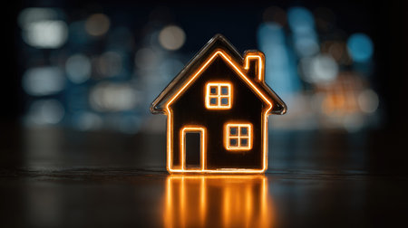 A stunning close-up of a glowing house figurine emitting a warm LED light, set against a soft focus of city lights, creating a cozy urban ambiance.の素材