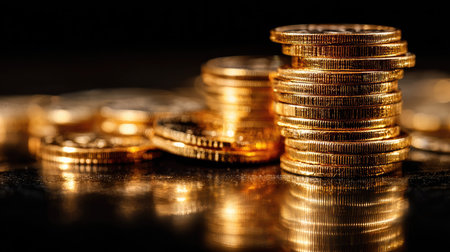 Close-up view of stacked golden coins illuminated by soft light, creating a rich and luxurious atmosphere. Ideal for themes of wealth and finance.の素材