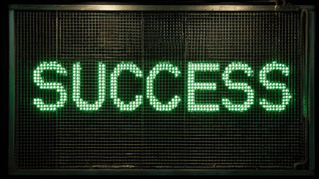This image features a bright green LED sign that boldly displays the word "Success" against a dark background, symbolizing achievement and motivation in a business context.の素材