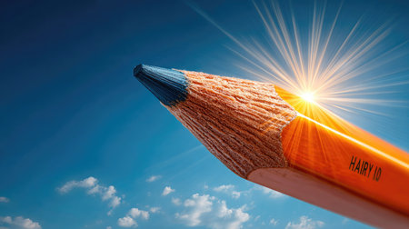 A striking close-up of a vibrant orange pencil with a blue tip, capturing a sunburst effect against a clear blue sky, showcasing creativity and inspiration.の素材