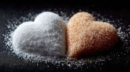 Explore the beauty of heart-shaped sugar and brown sugar against a dark background, perfect for culinary projects or romantic themes.の素材