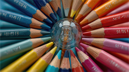 A stunning arrangement of vibrant colored pencils encircling a bright light bulb, representing creativity and artistic inspiration in a visually striking composition.の素材