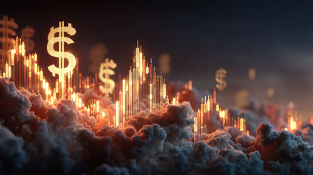 This striking image features golden dollar icons amidst swirling clouds, symbolizing financial growth and investment opportunities in an abstract, dynamic setting.の素材