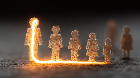 This artwork features glowing figures linked by light, representing themes of connection and growth. It highlights human relationships and fosters emotion.の素材