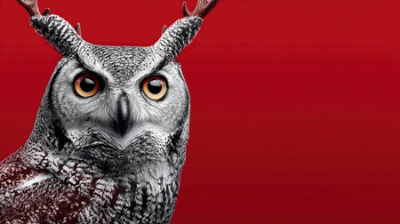 This striking portrait features a majestic owl with a vibrant red background, highlighting the bird's captivating eyes and intricate feather patterns. Perfect for wildlife lovers.の素材