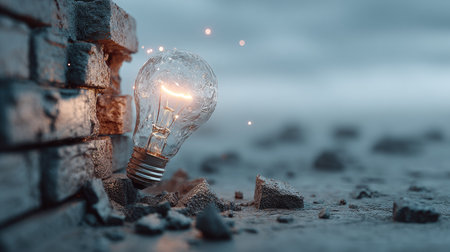 A luminous light bulb emerges from a crumbling stone wall, symbolizing the power of ideas in a serene, atmospheric setting filled with enchanting sparks.の素材