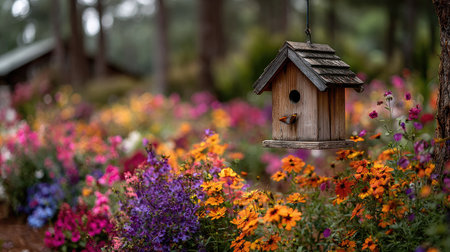 A charming wooden birdhouse hangs gracefully amidst a vibrant garden filled with an array of colorful flowers, creating a tranquil outdoor scene.の素材