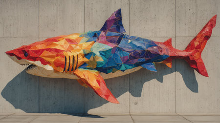 A stunning geometric shark sculpture bursts with vibrant colors and shapes, making a striking visual impact against a concrete wall backdrop in this creative art installation.の素材