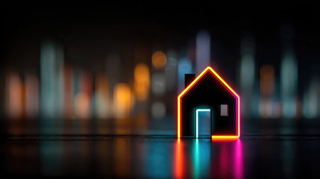 A neon house silhouette stands prominently against a backdrop of vibrant, blurred city lights, encapsulating urban lifestyle and modern design themes.の素材