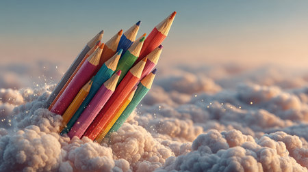 This imaginative image features vibrant pencils emerging from fluffy clouds, creating a whimsical and creative atmosphere that sparks inspiration and dreams.の素材