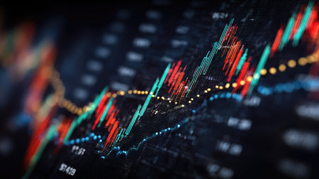 A detailed close-up of a colorful candlestick chart illustrating financial market data, showcasing trends in stock trading and investment analysis.の素材