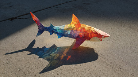 A stunning geometric shark sculpture made of colorful facets creates an engaging shadow on a concrete surface, perfect for artistic decor.の素材