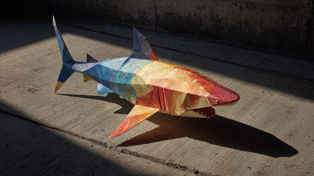 This vibrant paper shark sculpture captures the essence of creativity with its intricate design and colorful patterns, casting playful shadows.の素材