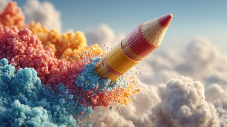 A vibrant colored pencil emerges dramatically from a cloud of powder, creating a whimsical and artistic scene perfect for inspiring creativity and imagination.の素材