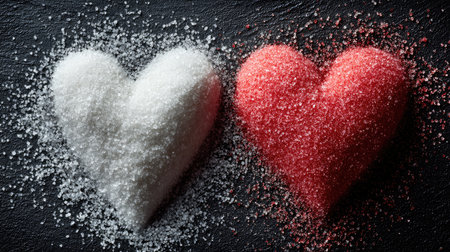 This creative image features two heart shapes crafted from white and red sugar, set against a dark background, symbolizing love and sweetness.の素材