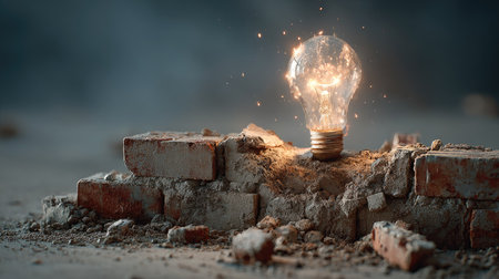 An illuminated light bulb stands out against a backdrop of cracked bricks and dust, symbolizing creativity and innovation. The composition captures a warm glow and invites reflection on ideas and inspiration.の素材