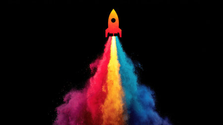 A visually striking image of a rocket launching with vibrant smoke trails in multiple colors against a solid black background, symbolizing inspiration and innovation.の素材