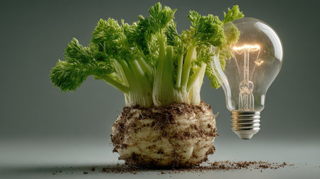 This image creatively merges a growing vegetable with a light bulb, symbolizing the connection between agriculture and innovative ideas for sustainability.の素材
