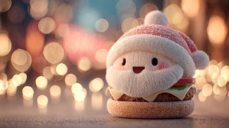 This playful image features a Santa Claus-themed burger with a soft plush texture, exuding joy and whimsy, perfect for holiday-themed projects.の素材