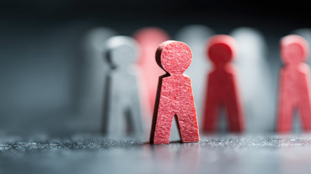 This captivating image features red and gray figurines, symbolizing individuality and community, set in an abstract environment that highlights social dynamics.の素材