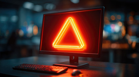 A captivating image of a glowing neon warning sign in the shape of a triangle displayed on a computer monitor, creating a sense of alertness in a modern workspace.の素材