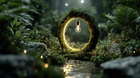 This captivating image features an enchanting forest scene with a glowing light bulb encircled by vibrant greenery, inviting a peaceful ambiance.の素材