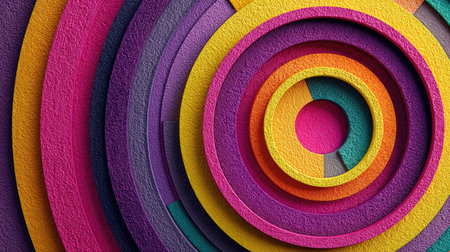 This image features a vibrant display of circular patterns formed by layered textures in rich colors, perfect for graphic design and modern art inspiration.の素材