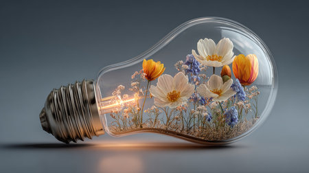 A creative art piece featuring a transparent light bulb filled with vibrant flowers symbolizes the blend of nature and modern design, conveying beauty and inspiration.の素材