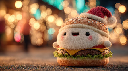 This charming plush burger toy, adorned with a cheerful Santa hat, radiates holiday joy in a vibrant outdoor setting filled with bright bokeh lights, making it perfect for festive themes.の素材