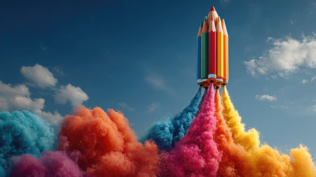 A vibrant pencil designed as a rocket soars into a bright sky, leaving a colorful smoke trail that symbolizes creativity and imagination. Perfect for inspired artwork.の素材