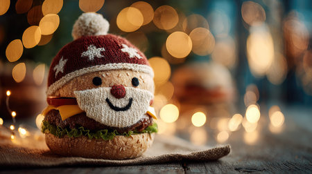 A delightful Christmas-themed hamburger featuring a smiling face and Santa hat, surrounded by sparkling bokeh lights, perfect for festive culinary celebrations.の素材