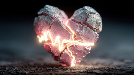 This artistic representation features a cracked heart with a glowing pulse, symbolizing broken love and emotional pain. The design uses striking contrasts to evoke deep feelings.の素材