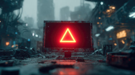 A captivating futuristic scene featuring a glowing neon triangle warning symbol on a screen, set against an abandoned urban landscape filled with debris.の素材