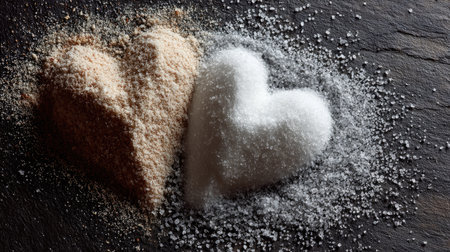 This striking image features heart-shaped piles of brown and white sugar on a dark slate surface, capturing the essence of culinary creativity and sweetness.の素材