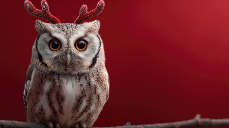 This enchanting image features a cute owl with festive antlers, perched on a branch against a rich red backdrop, evoking holiday cheer and wonder.の素材