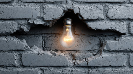 This striking image features a glowing light bulb embedded in a cracked gray brick wall, showcasing a dramatic contrast and artistic appeal.の素材