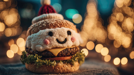 This delightful hamburger features a happy face and a Santa hat, set against a soft, glowing holiday backdrop. Perfect for festive culinary art.の素材