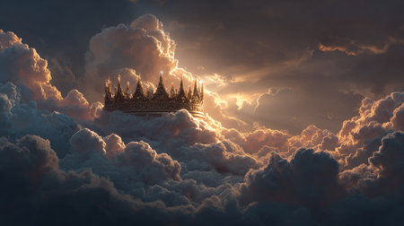 A stunning crown emerges from the clouds, illuminated by ethereal light, creating a dreamlike landscape. This captivating scene evokes feelings of serenity and wonder.の素材