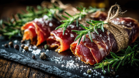 A beautifully arranged charcuterie board featuring prosciutto elegantly wrapped with fresh herbs, creating a gourmet snack ideal for celebrations.の素材