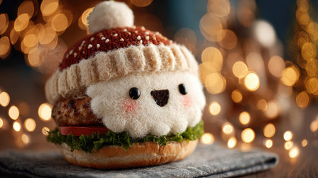 This adorable hamburger features a whimsical woolen hat, set against a backdrop of sparkling holiday lights, perfect for festive occasions.の素材