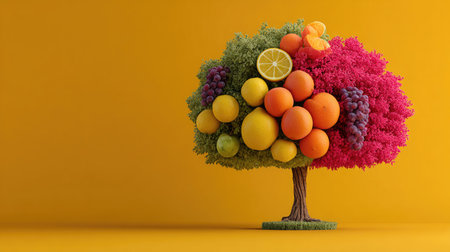 A vibrant and playful depiction of a fruit tree featuring various citrus fruits and berries, set against a bright yellow background. This artistic arrangement celebrates freshness and color, making it ideal for seasonal themes.の素材