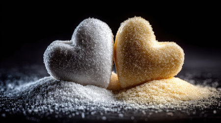 This striking image features heart-shaped sugar confectioneries delicately placed on dark surfaces, showcasing sparkling textures and a blend of colors.の素材